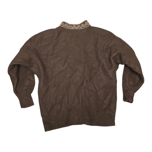 Vintage Vango Cardigan S Brown‎ Angora Beaded Embellished Mock Neck 70s Coquette - Picture 12 of 13